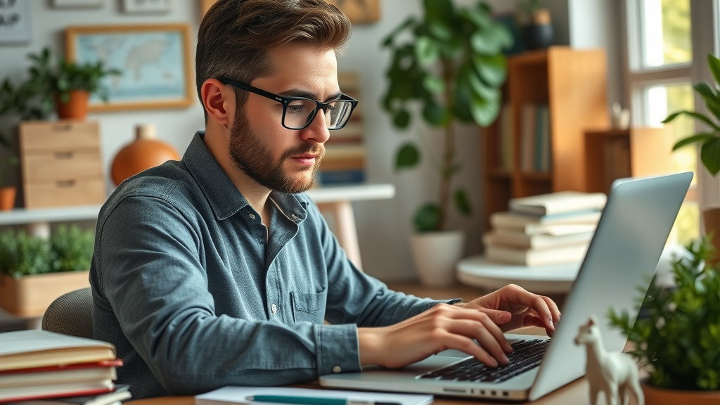 content quality copywriter working on SEO content in cozy workspace with laptop and notes