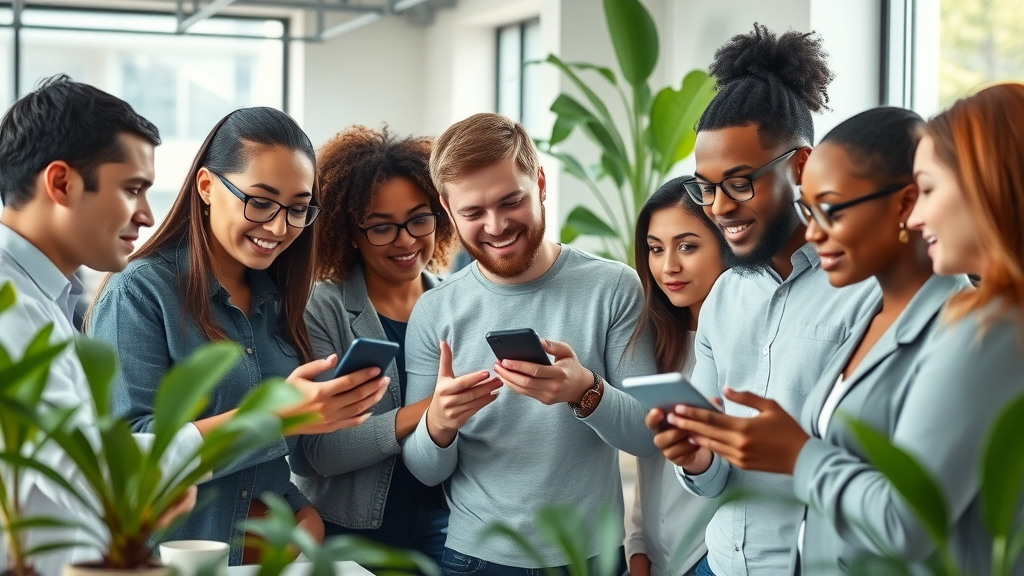 mobile responsiveness diverse team testing SEO website designs on smartphones and tablets in bright workspace