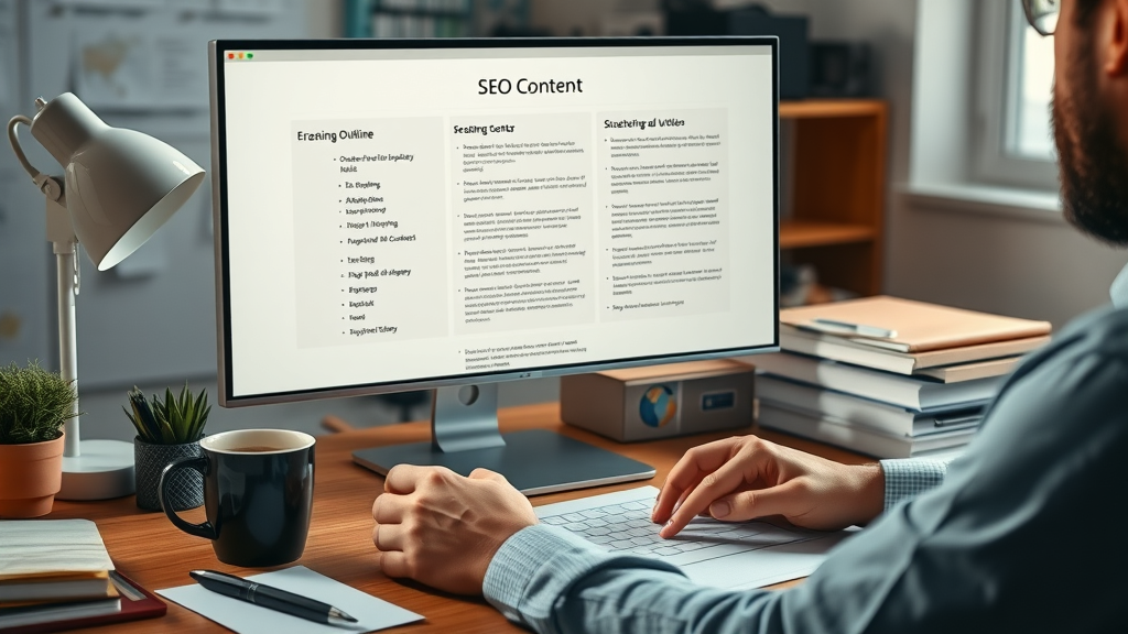 quality content expert writer organizing SEO outline at desk with notecards and monitor