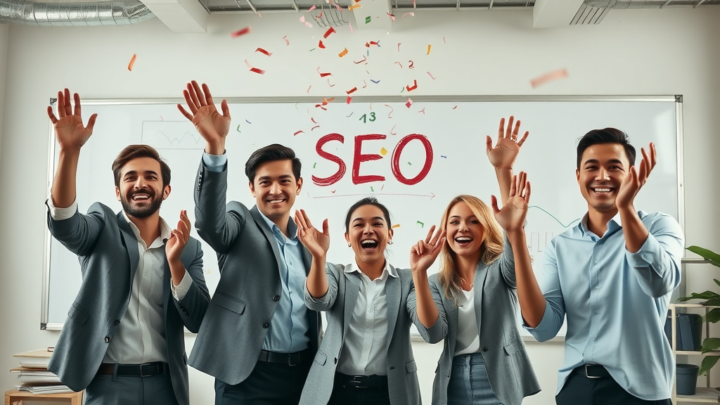 SEO success business team celebrating increased rankings from free seo tools