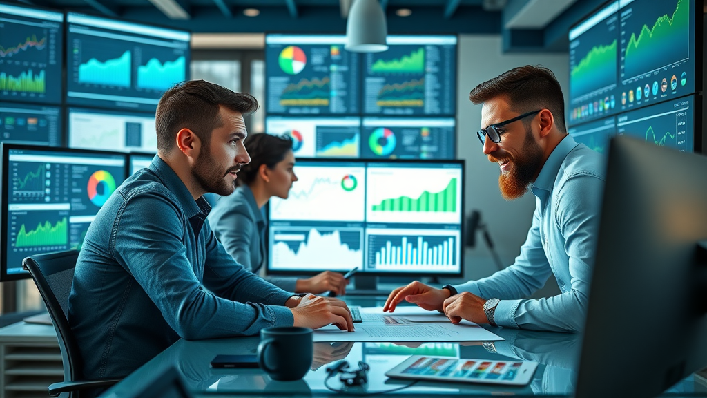 seo analytics experts analyzing SEO tool dashboards in a modern office, reviewing seo analytics and seo reports