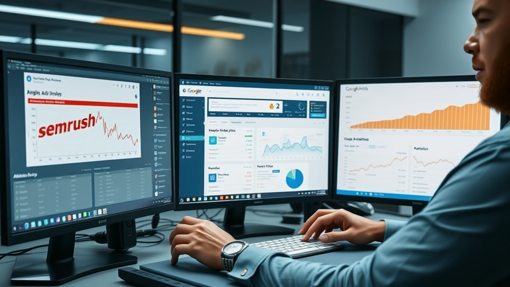 comparing analytics tool interfaces: Google Analytics, SEMrush, Ahrefs for seo analysis