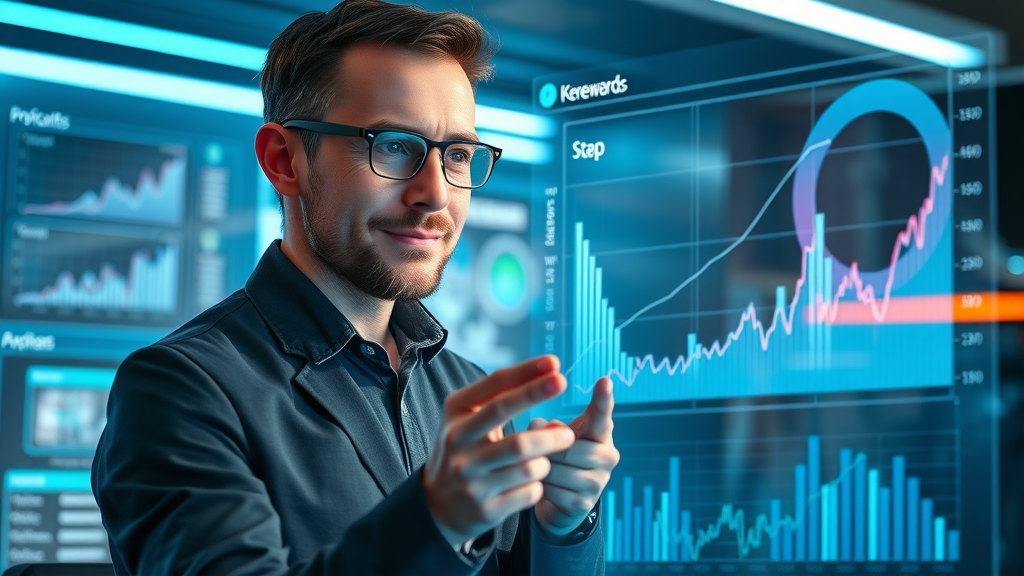 analyst reviewing predictive SEO analytics and trend forecasts in futuristic analytics tool
