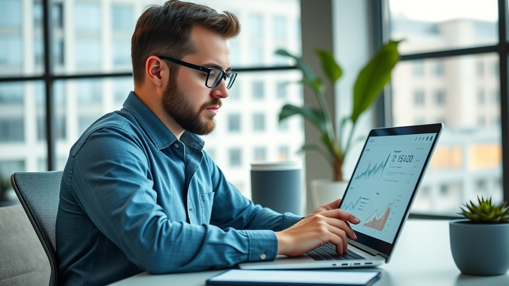 how to rank on google - digital marketer analyzing SEO statistics in a modern workspace, laptop with charts and graphs