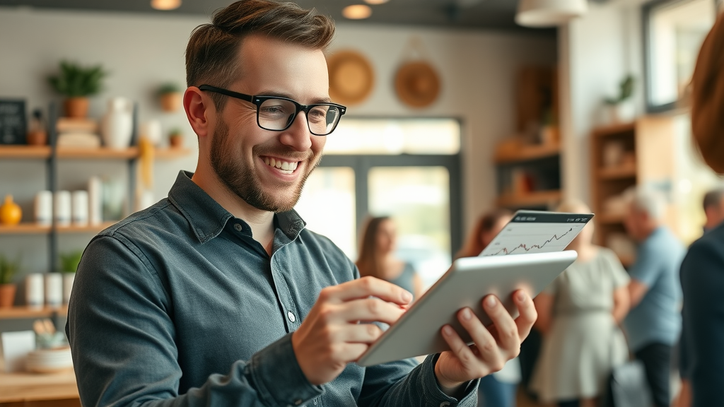 rank higher on google - business owner reviewing website analytics with upward trends, cozy store, happy customers