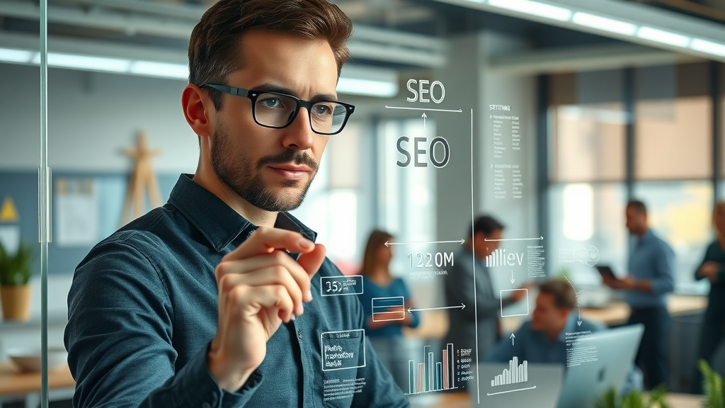 google ranking factor - SEO specialist explaining technical SEO factors for ranking high, with team collaborating