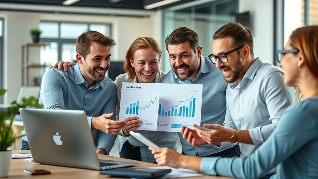 Energetic business professionals brainstorming lead generation techniques, modern office, laptops and data visualizations, lead generation techniques