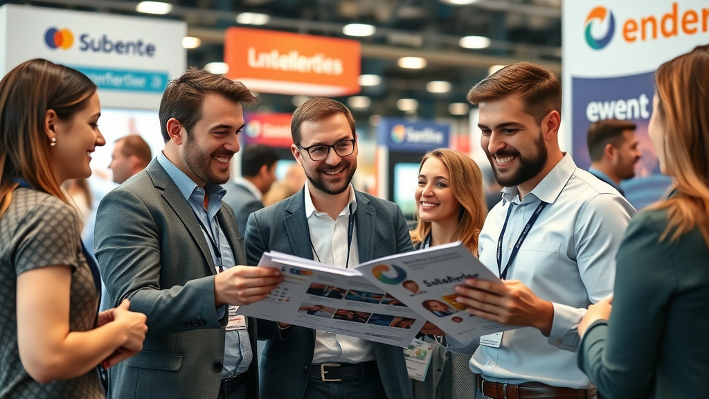 Creative team networking at a niche industry event, discussing lead generation techniques