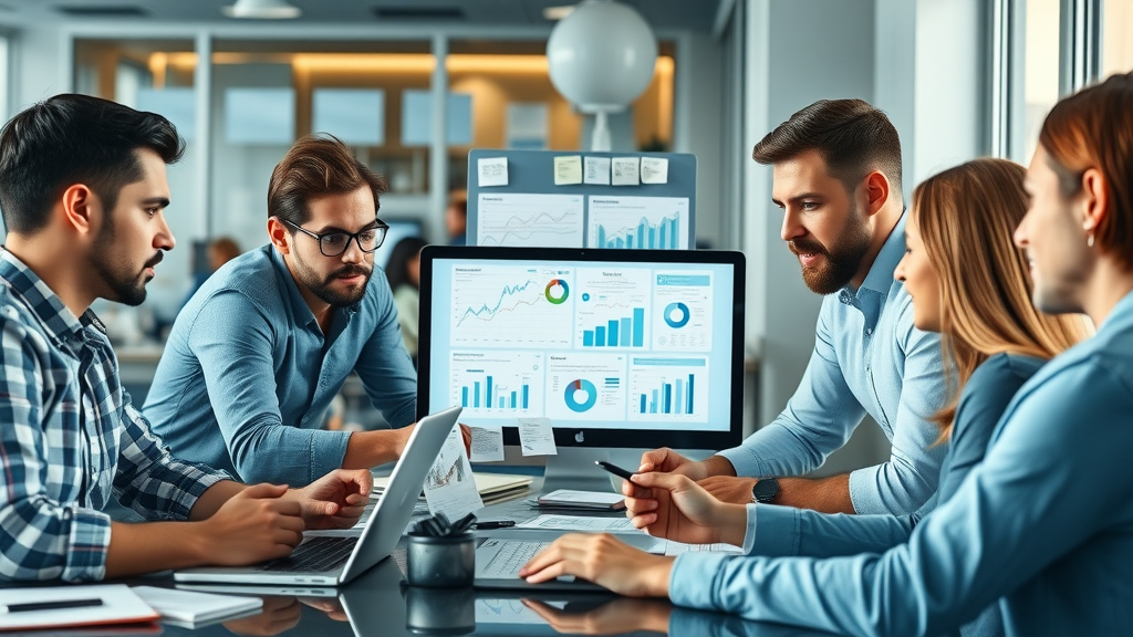 dynamic digital marketing team collaborating on SEO best practices in a modern office, laptops with SEO diagrams