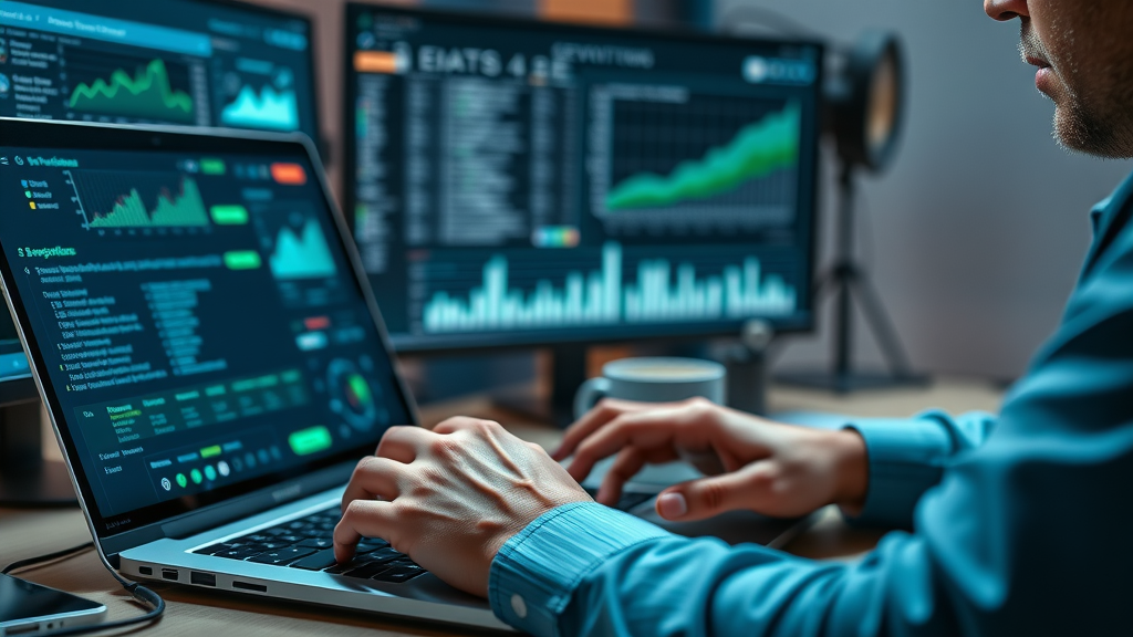 hands using advanced keyword research software for SEO practice; laptop and monitors analyzing search engine optimization data