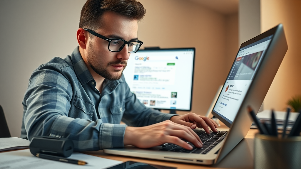 digital marketer crafting optimized title tags and meta descriptions for Google Search, boosting search engine ranking via SEO best practices