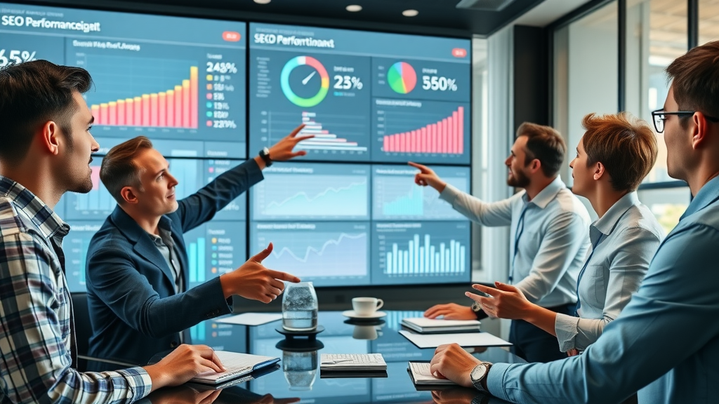team of marketers analyzing SEO performance metrics and dashboards, identifying search engine optimization progress and ranking changes