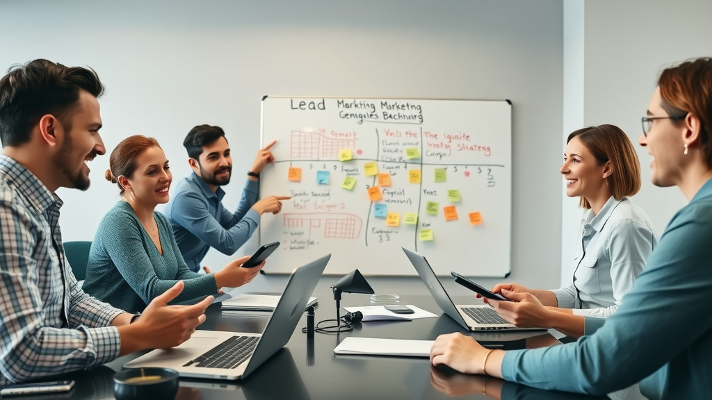 marketing team brainstorming lead generation strategies buyer personas digital devices