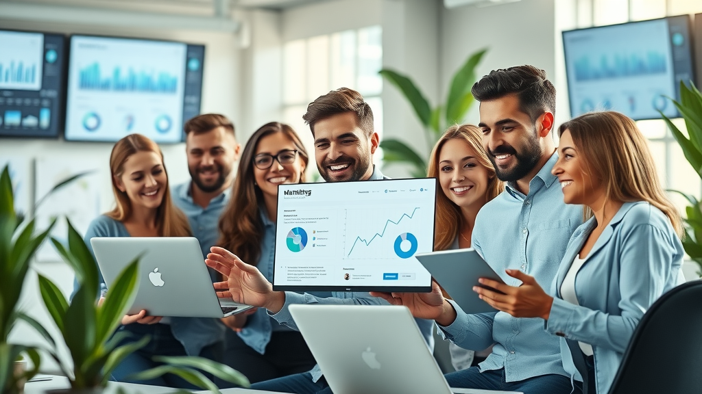 dynamic marketing team analyzing best lead generation tools for marketers in a modern office