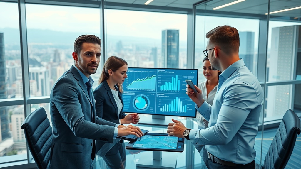 futuristic business office with marketing professionals collaborating around digital dashboards for automated lead generation for service businesses