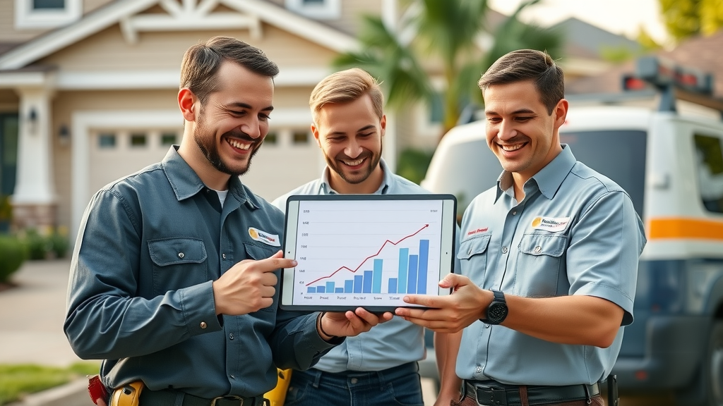 residential service professionals reviewing lead generation chart showing business growth from automation