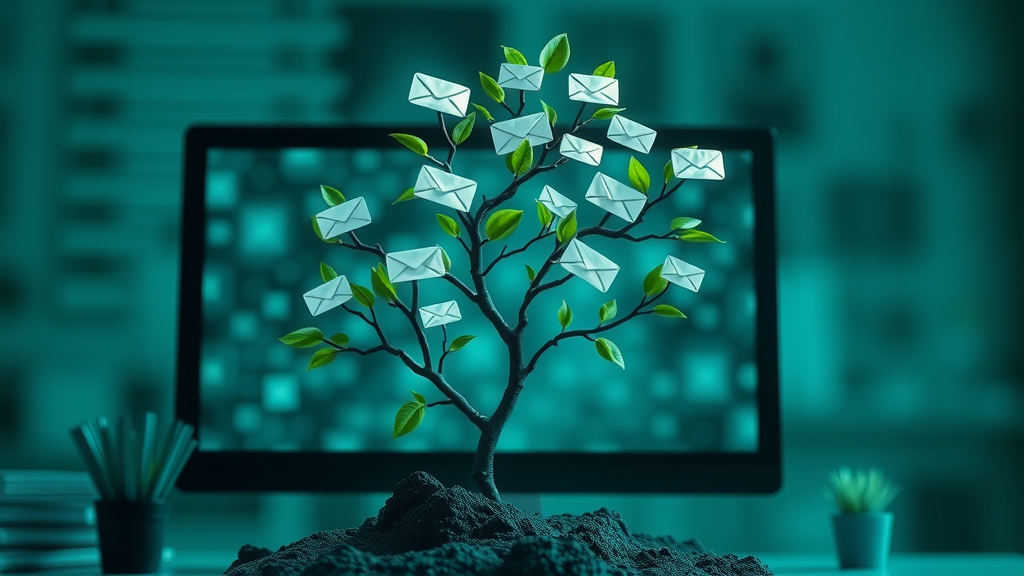 Expanding email list visualized by a digital plant with emails growing as leaves