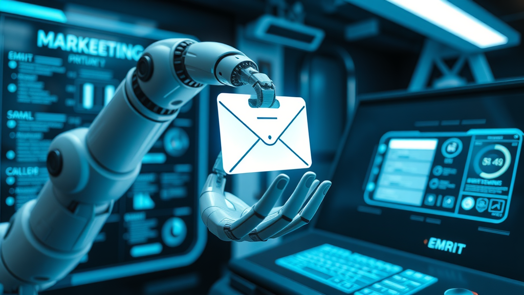 Futuristic scene with a robotic arm efficiently sending out automated marketing emails