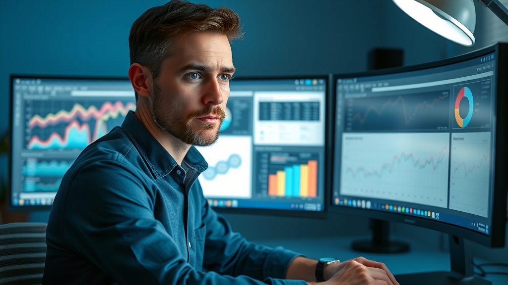 Marketer analyzing A/B test results with data dashboards on dual monitors