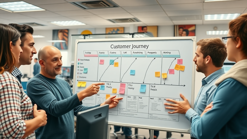 Customer journey map and team collaboration analyzing drop-off points for how to reduce customer drop-off rates
