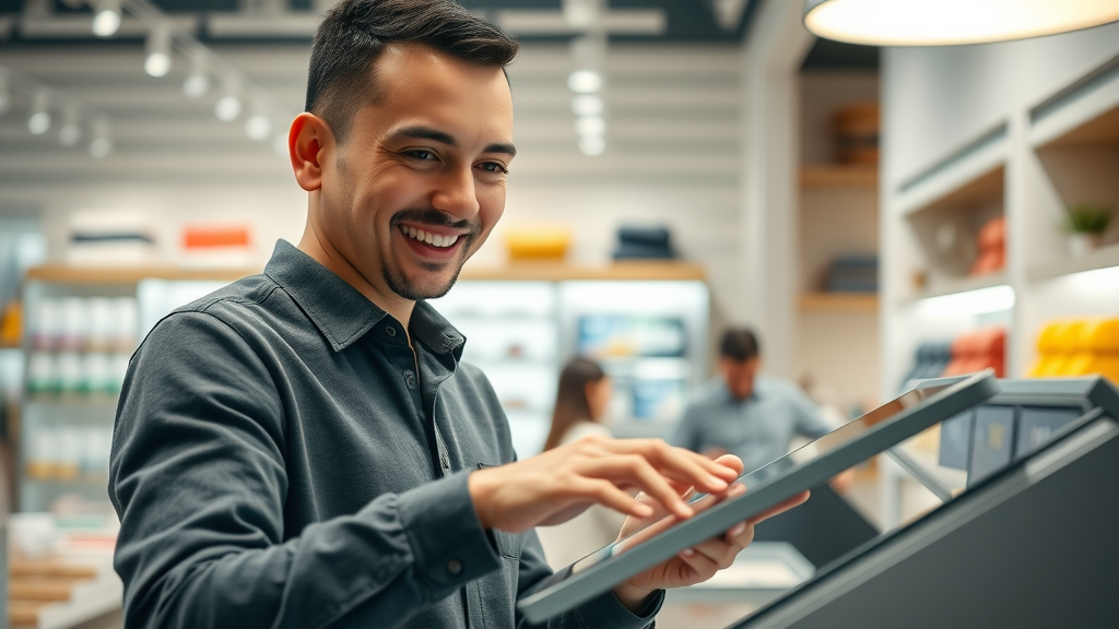 Minimalist checkout interface and happy customer demonstrating improved user experience to reduce drop off rate
