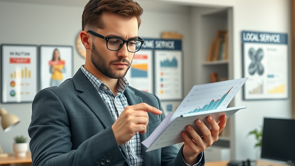 Home service professional analyzing growth charts to generate local leads