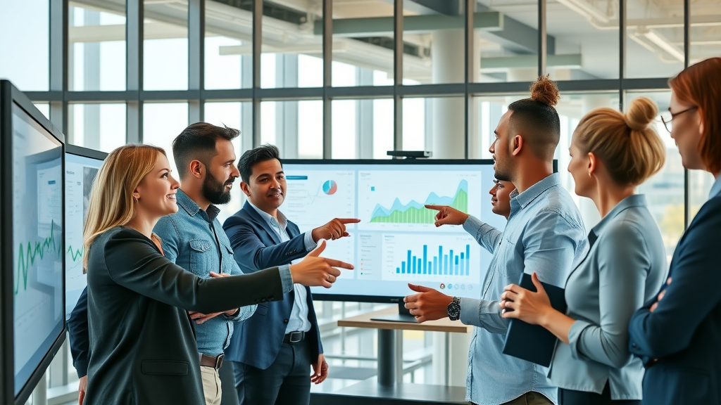 diverse marketing team analyzing how to monitor website traffic trends using digital dashboard in a modern office