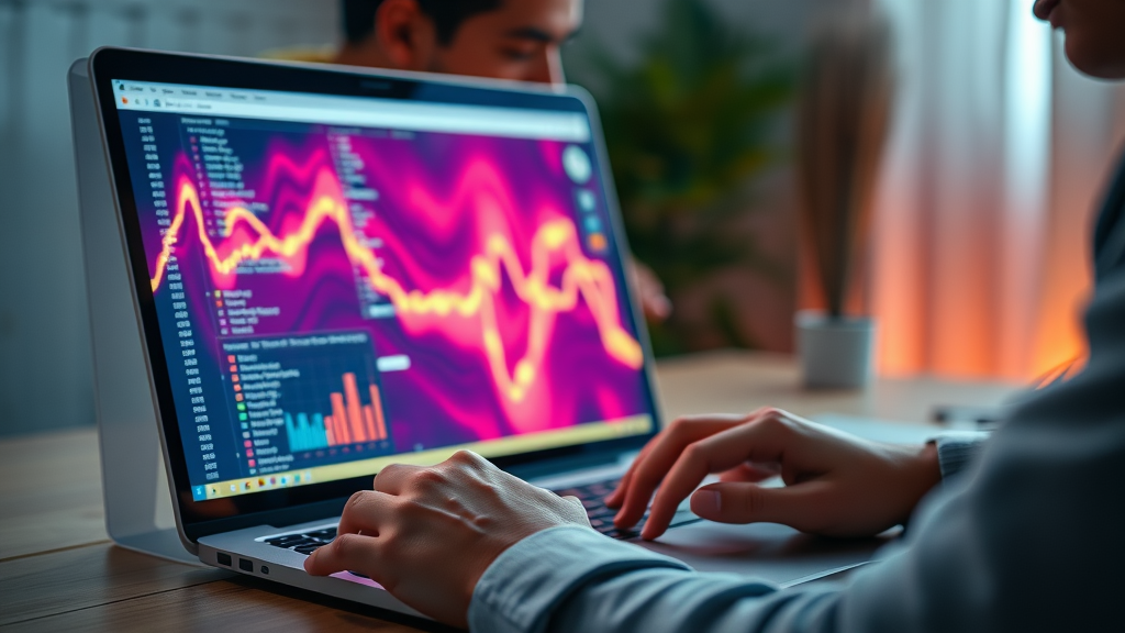 monitor user behavior by viewing vivid heatmap overlay on laptop screen to interpret web traffic trends
