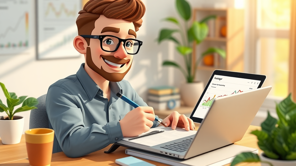 confident marketer planning strategy, reviewing website traffic analytics and monitoring growth trends