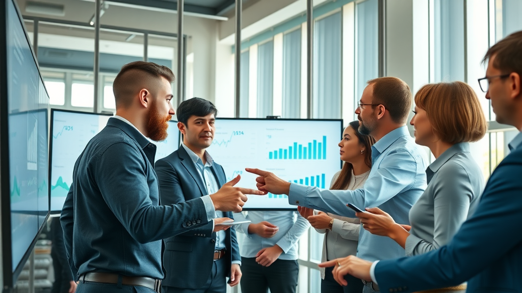 Dynamic digital business team discussing lead generation analytics in a modern office