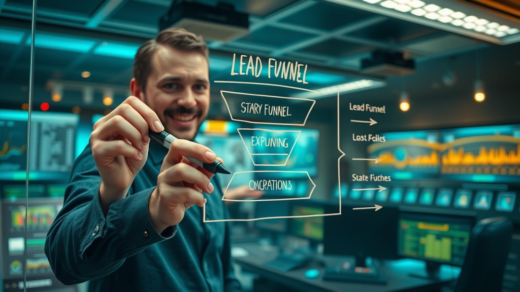 Digital marketer mapping out a lead generation funnel on a glass board