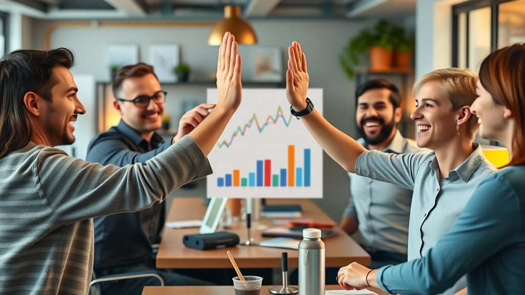 Small business team celebrating after lead generation funnel success