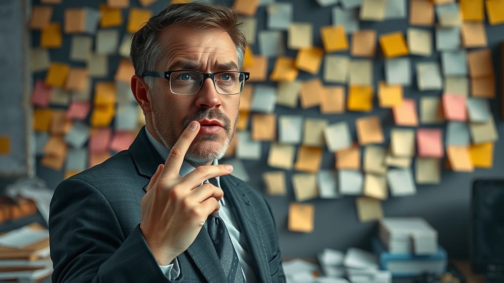 goal planning mistake frustrated professional cluttered post-it workspace