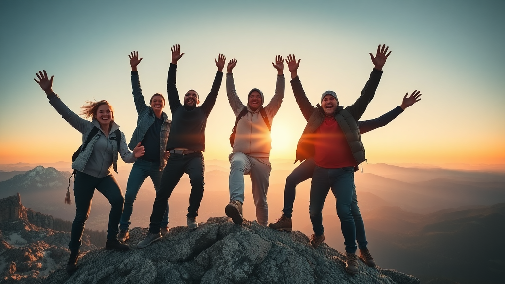 motivated team celebrating checklist mountain sunrise effective goal planning