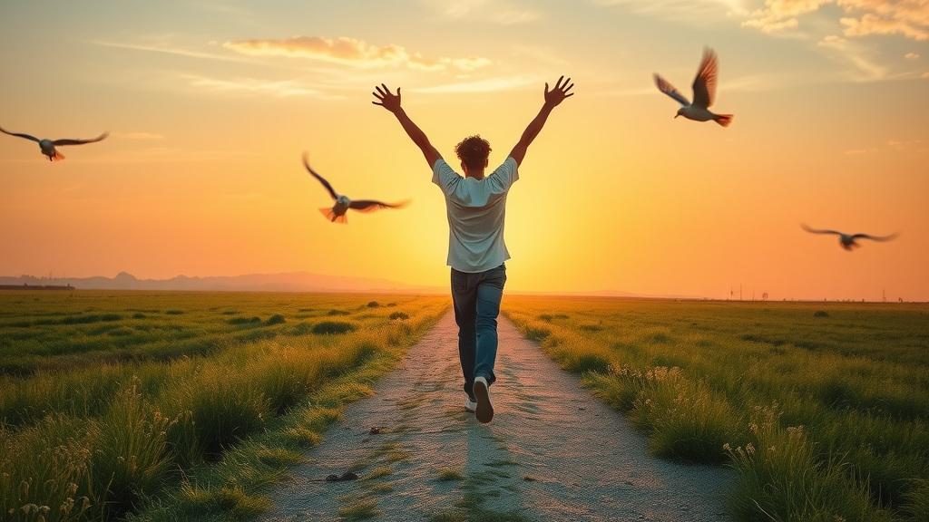 hopeful person stepping onto opportunity path goal planning sunrise landscape