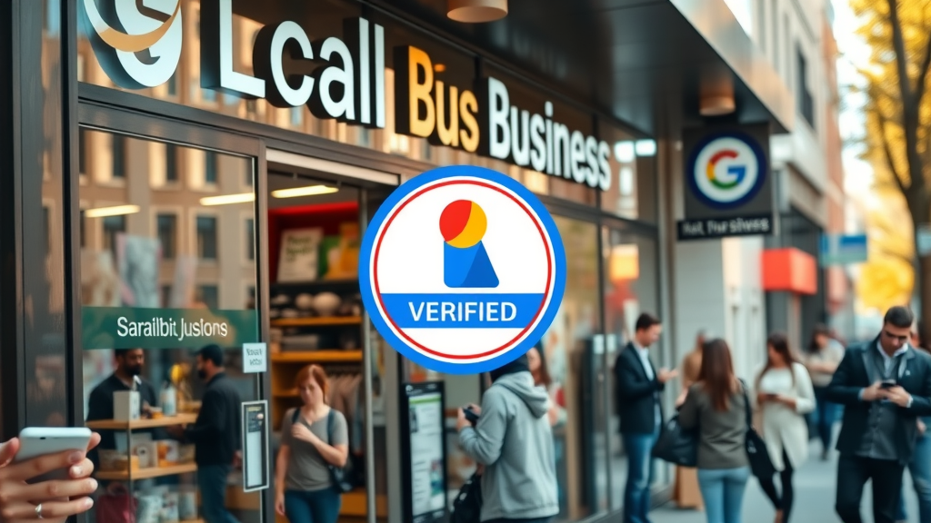 vibrant local small business storefront with prominent google business profile verified, online presence