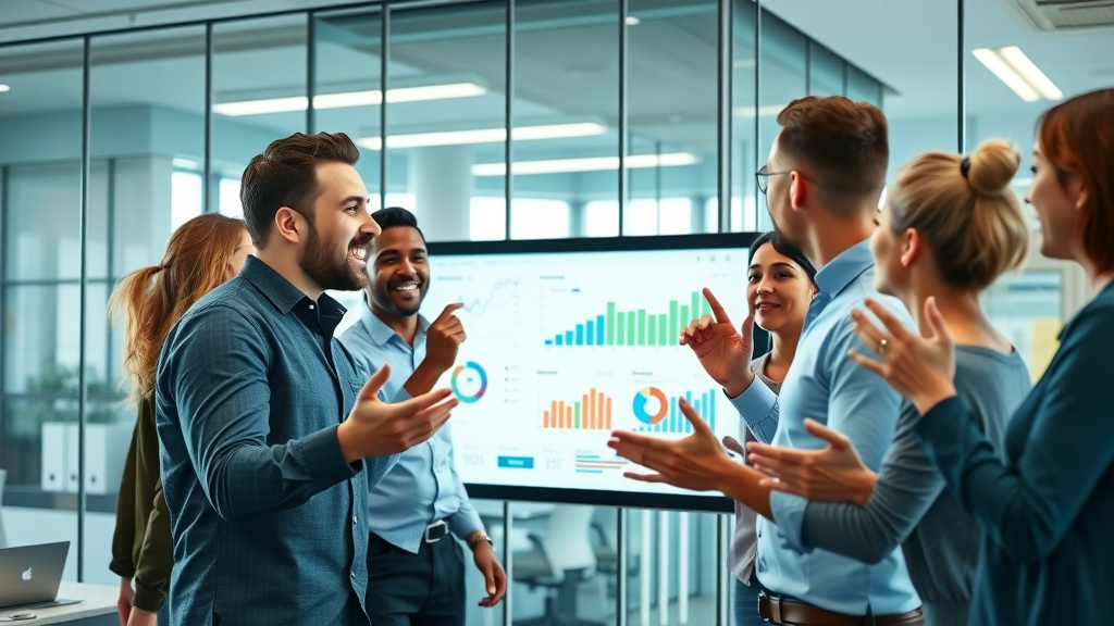 dynamic marketing team collaborating analyzing interactive marketing dashboard in Google Looker Studio