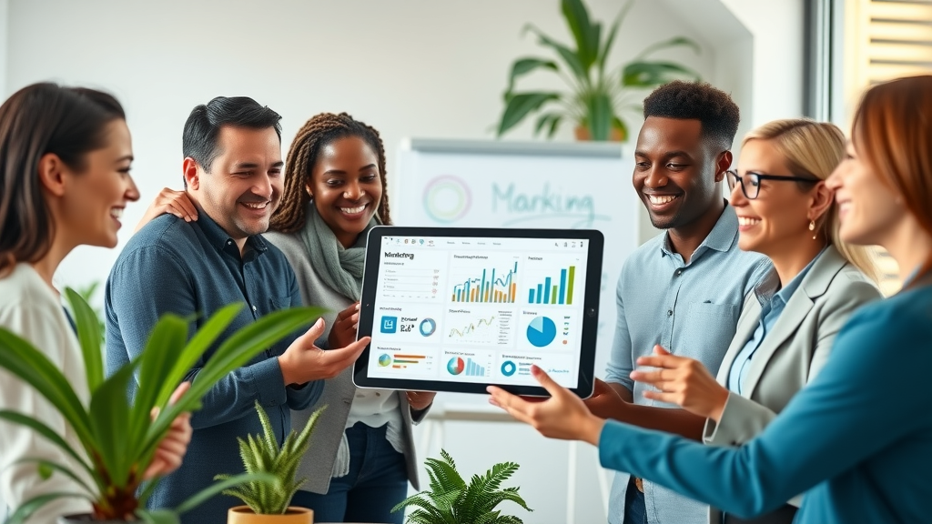 diverse marketing team collaborating and sharing Looker Studio marketing dashboard