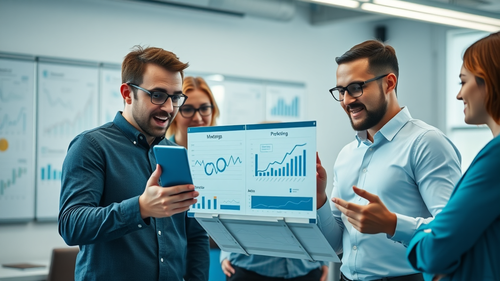 small business team reviewing digital sales reports and marketing funnel statistics