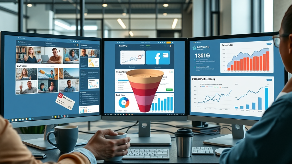 split-screen digital marketing funnel stages from social media to conversion