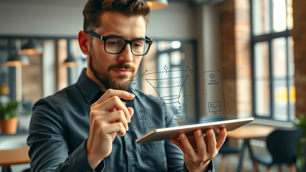 entrepreneur sketching funnel diagram steps and icons on a digital tablet
