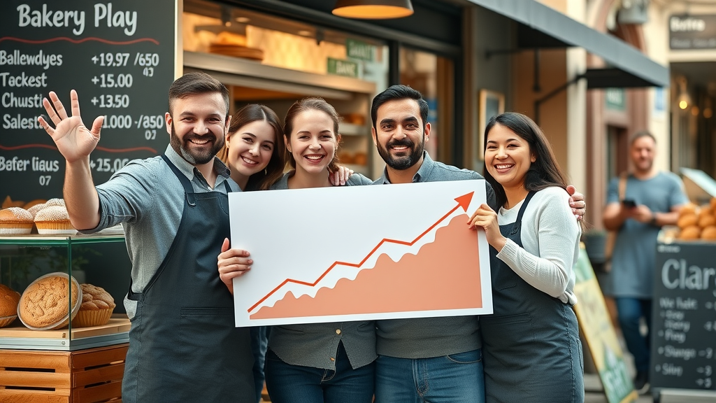 happy bakery team celebrating sales growth due to marketing funnel examples