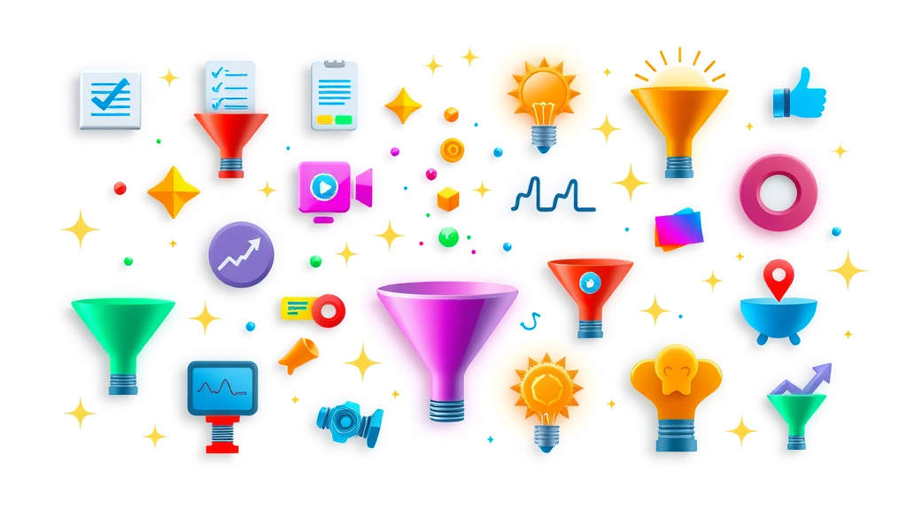 collection of colorful marketing funnel icons representing different funnel types