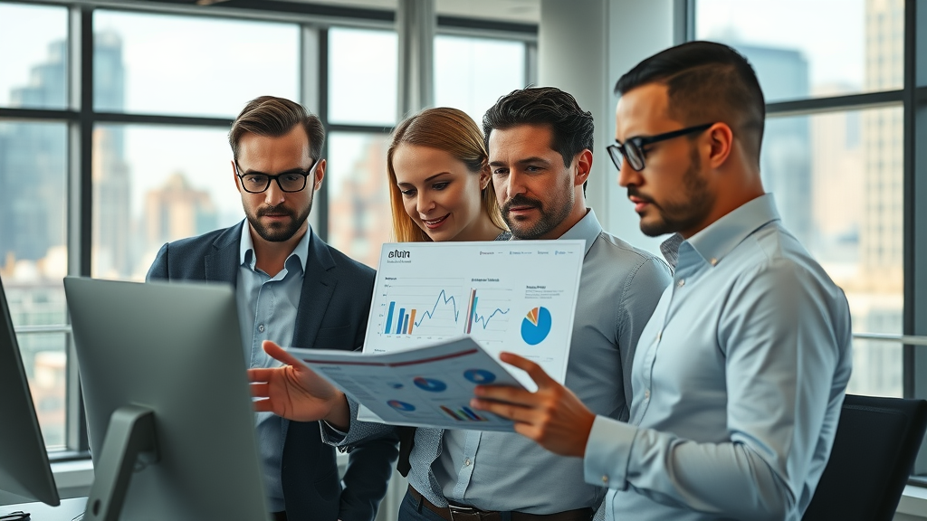 dynamic professionals collaborating in modern workspace, focused expressions, reviewing graphs on digital screens, Best Times to Post on Social Media, highly detailed urban office