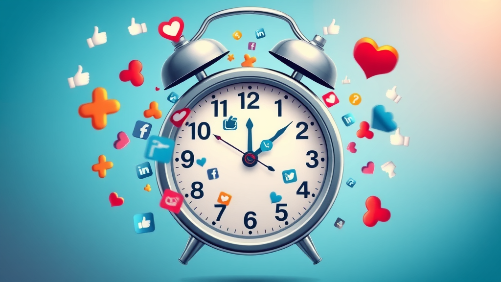 vivid abstract clock with social media icons, best times to post on social media, colorful and engaging design with likes, comments, shares, digital motion