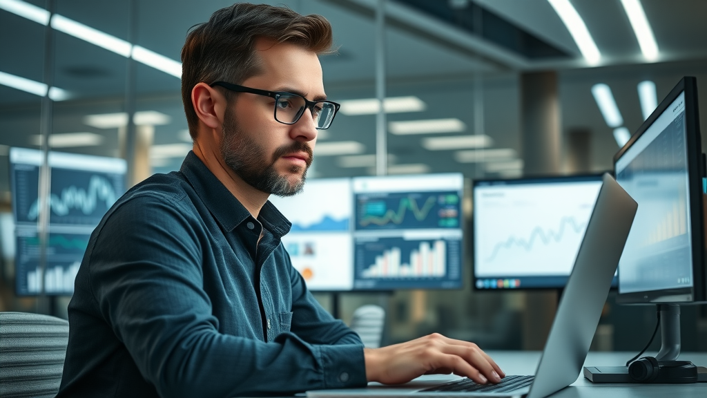 analytical marketer reviewing social media dashboard, best posting time for social media, modern analytics screens, digital reflections