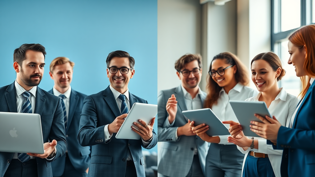 comparison business team and creative team, best times to post on social media for B2B vs B2C, detailed photorealistic office, branding cues