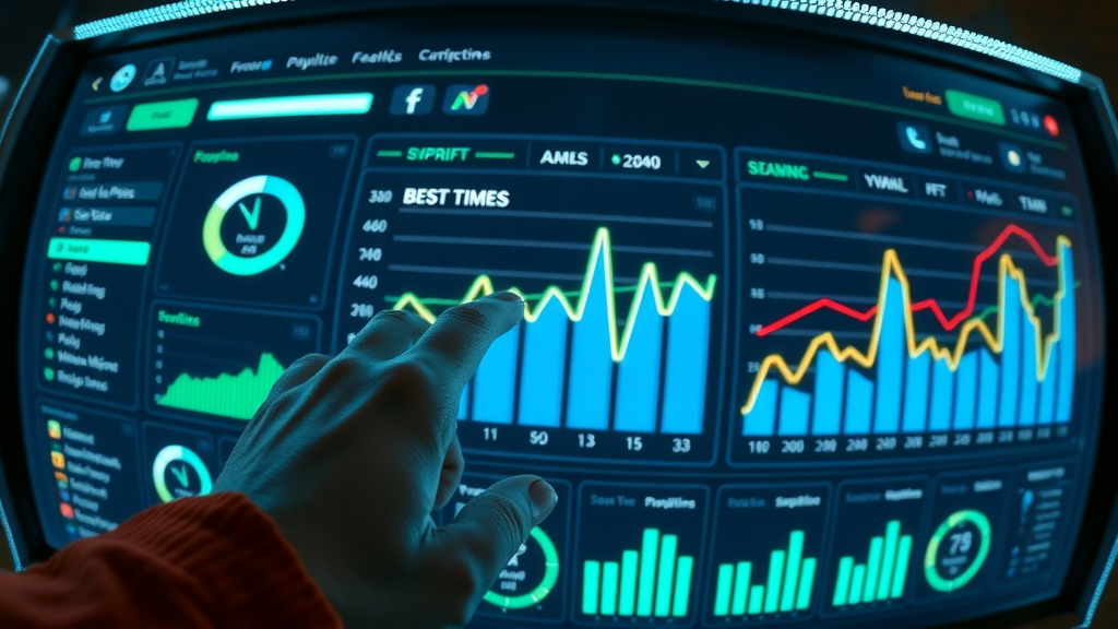 modern interface of a social media analytics dashboard, best times to post on social media, animated chart spikes, data-driven insights