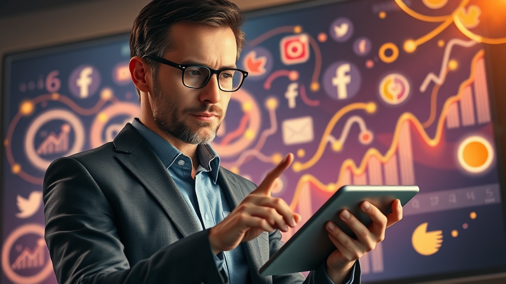 successful social media manager examining growth charts, confident, best posting times, digital icons, swirling golden data
