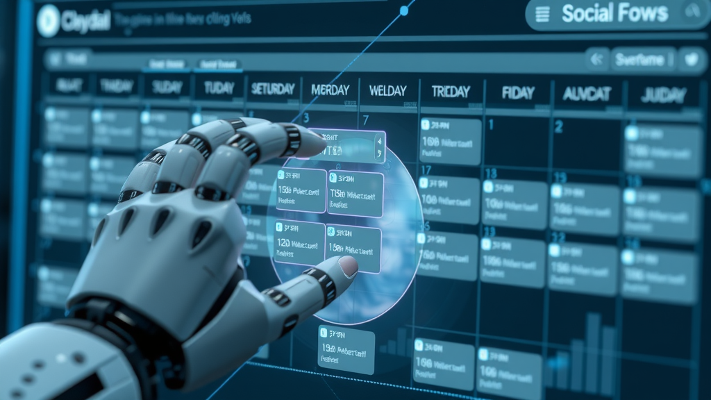 automated robot hand scheduling social media posts, best times to post on social media, transparent calendar overlay, detailed sci-fi